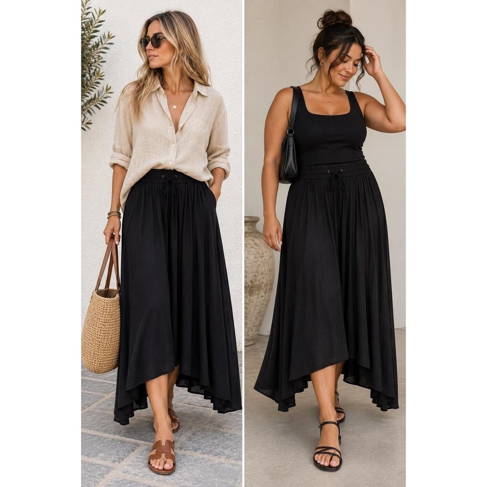 Simply Vera Wang Black Lagenlook Artsy Asymmetrical Maxi Skirt Boho Size Small - Picture 3 of 8